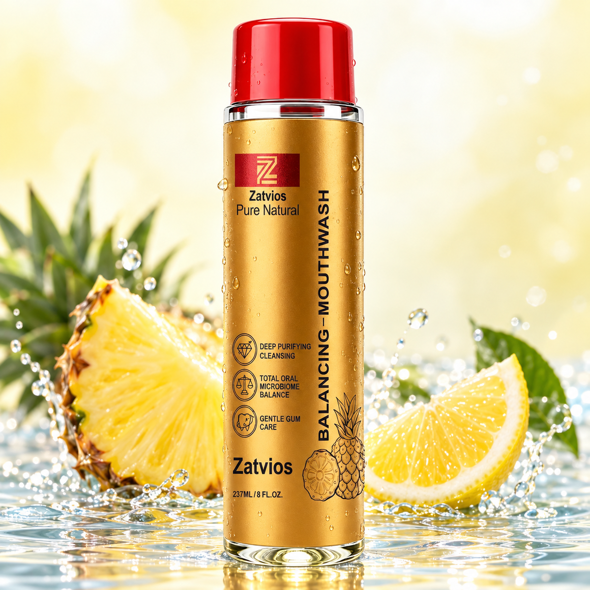 Gold Zatvios Pineapple Lemon mouthwash bottle with pineapple and lemon on clear water