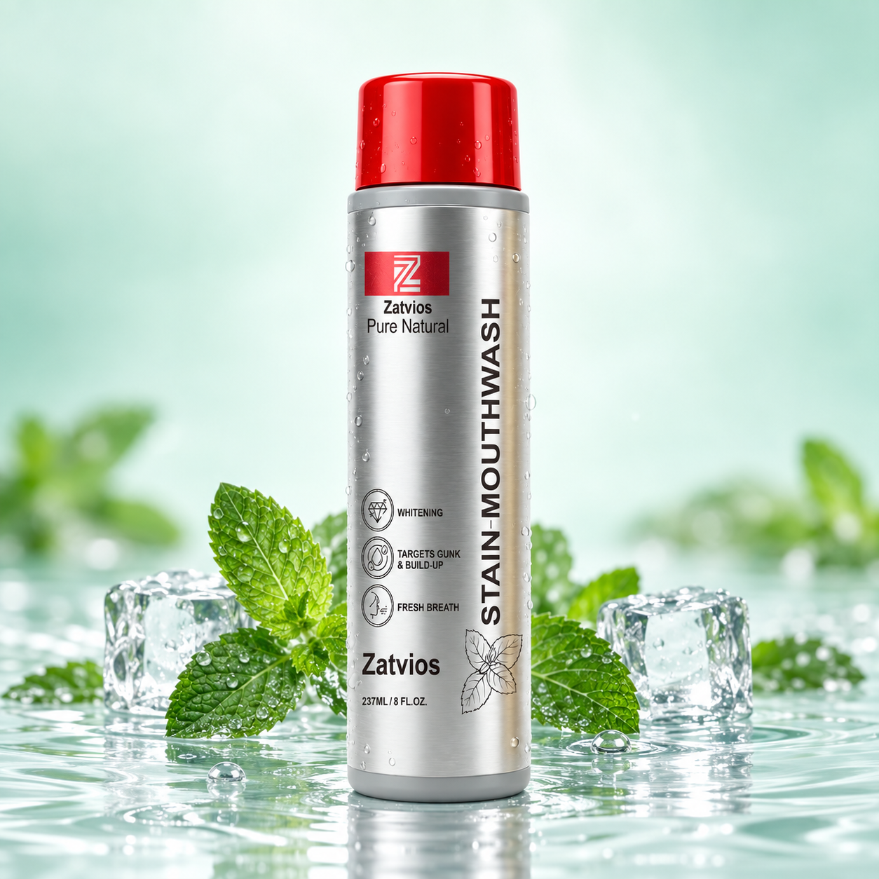 Silver Zatvios Mint mouthwash bottle with fresh mint leaves and clear ice on water