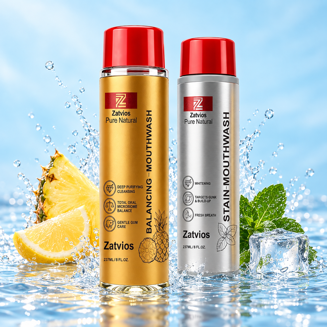Zatvios mouthwash duo with one gold Pineapple Lemon bottle and one silver Mint bottle on clear water
