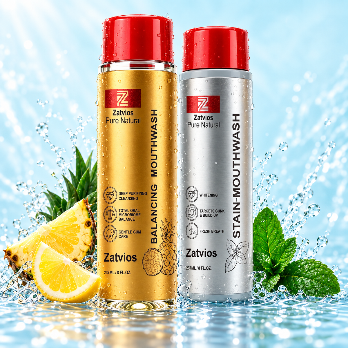Zatvios mouthwash duo with one gold Pineapple Lemon bottle and one silver Mint bottle in splashing water.