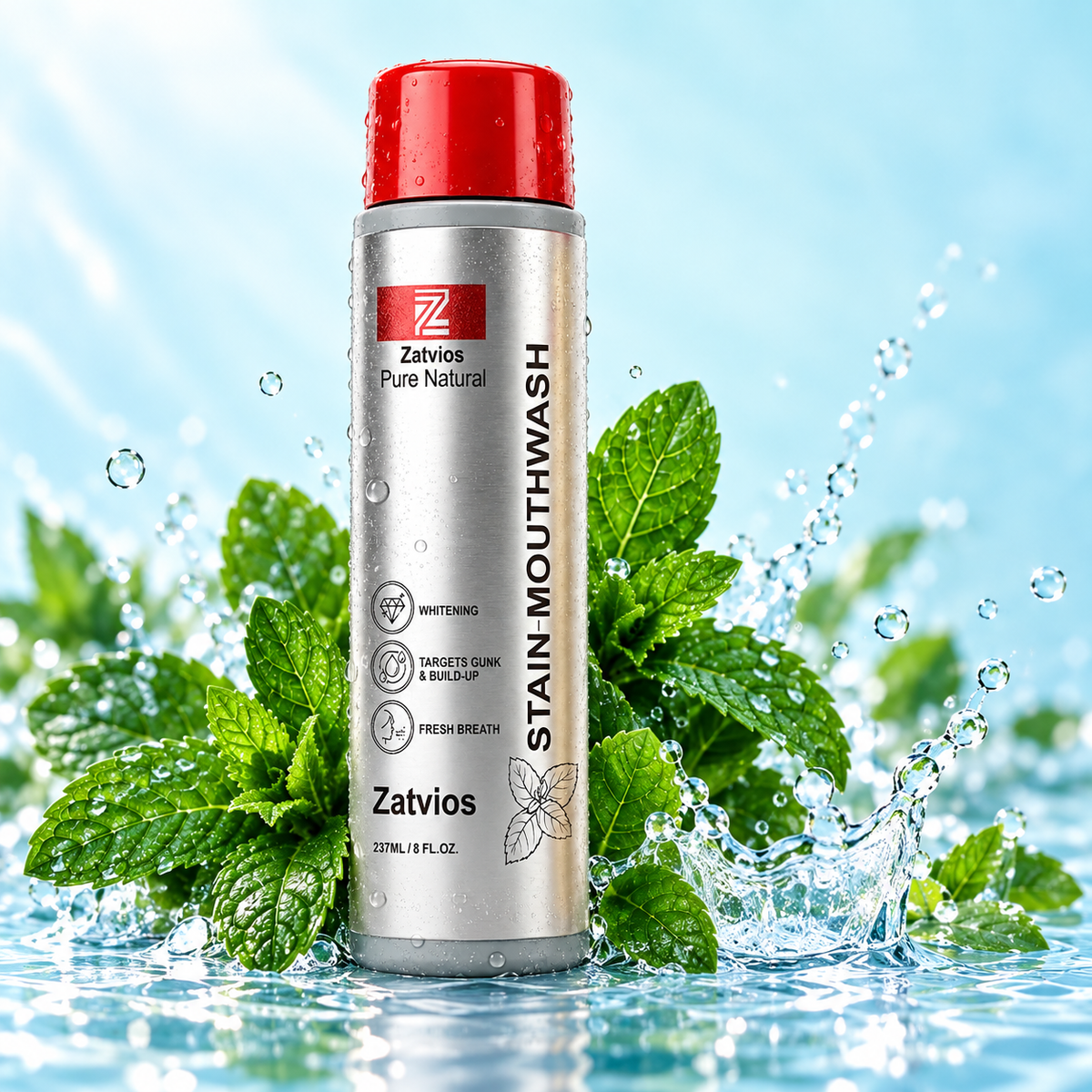 Zatvios Mint mouthwash in a silver bottle with fresh mint leaves and splashing water.