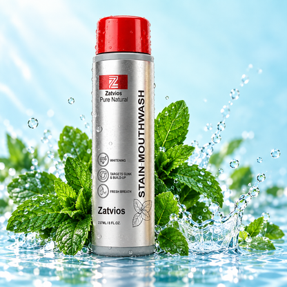 Zatvios Mint mouthwash in a silver bottle with fresh mint leaves and splashing water.