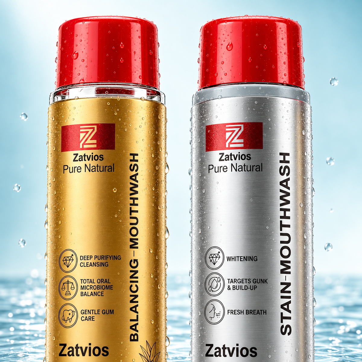 Close-up packaging details of the gold Pineapple Lemon and silver Mint Zatvios mouthwash bottles.