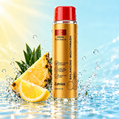 Zatvios Pineapple Lemon mouthwash in a gold bottle with fresh pineapple, lemon and splashing water.