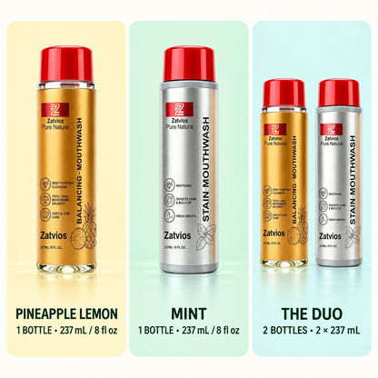 Zatvios mouthwash set guide comparing Pineapple Lemon, Mint and the two-bottle duo.