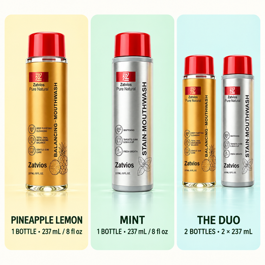 Zatvios mouthwash set guide comparing Pineapple Lemon, Mint and the two-bottle duo.