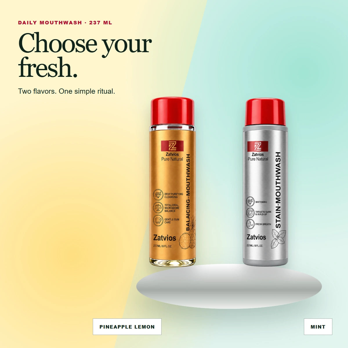 Gold Pineapple Lemon and silver Mint Zatvios mouthwash bottles